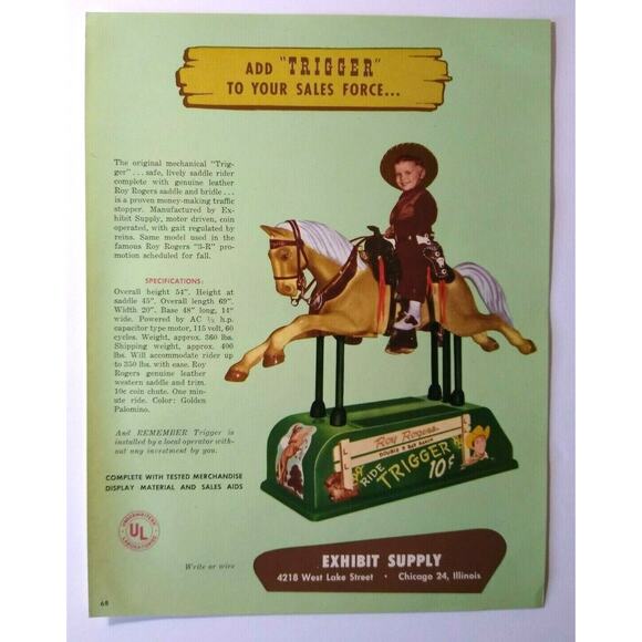Roy Rogers Trigger Kiddie Ride Flyer Original Art Print Horse Western Cowboy '54 - Picture 2 of 5